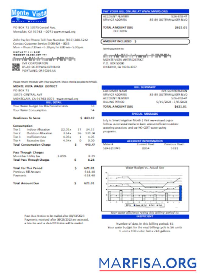 Printable California Monte Vista Water District utility business bill, SCR real example